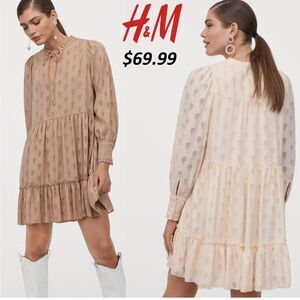 H&M Nude Long Sleeve Tie Neck Chiffon Textured Mini Airy Dress Size Small